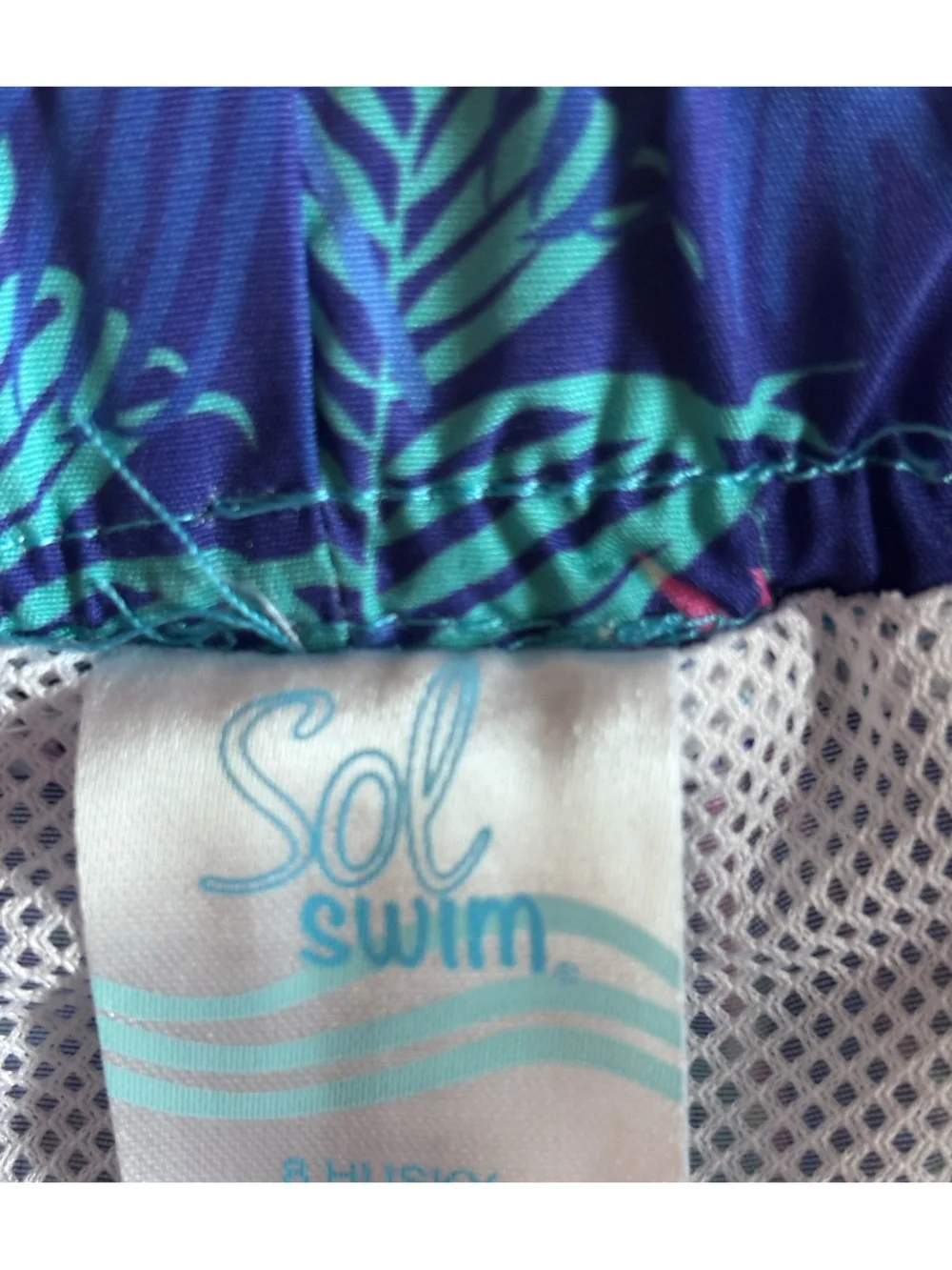 Boys Sol Swim Tropical Swim Trunks, Blue with Pink & Teal Accents, 8 Husky, NWT